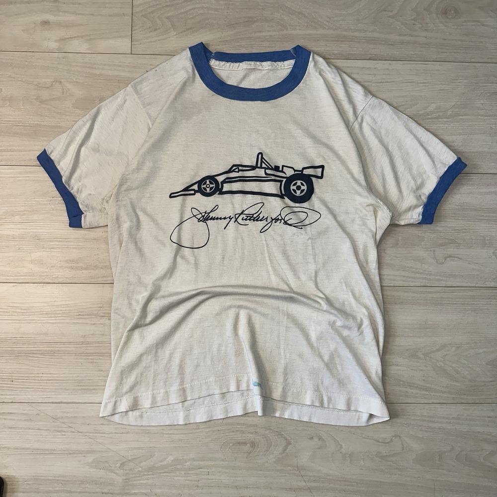 VTG 70s F1 Indy Fast Race Prep Paper Thin Worn Burnout Hanes Ringer T-Shirt Sz M